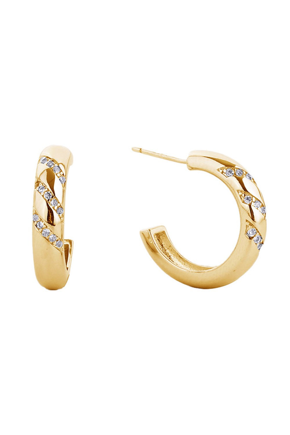 Gold Elegant post hoop earrings featuring a luxurious 14K gold or white gold dip finish. Each hoop is beautifully paved with sparkling cubic zirconia stones for a radiant, eye-catching look. Crafted from hypoallergenic brass, these earrings are gentle on sensitive skin and perfect for everyday wear or special occasions. With a comfortable 2.03cm diameter, they offer the ideal balance of presence and wearability.
