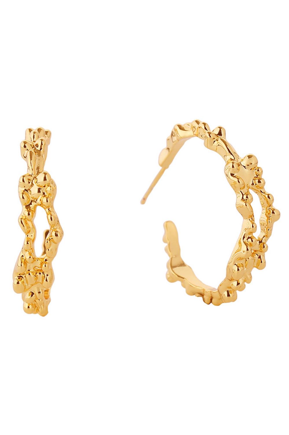 Gold Elevate your everyday look with these timeless 14K Gold and White Gold dipped hoop earrings. Featuring a sophisticated grain texture finish, these 3.5cm hoops offer understated elegance with modern appeal. Crafted from hypoallergenic brass, they're gentle on sensitive skin and designed for all-day comfort.