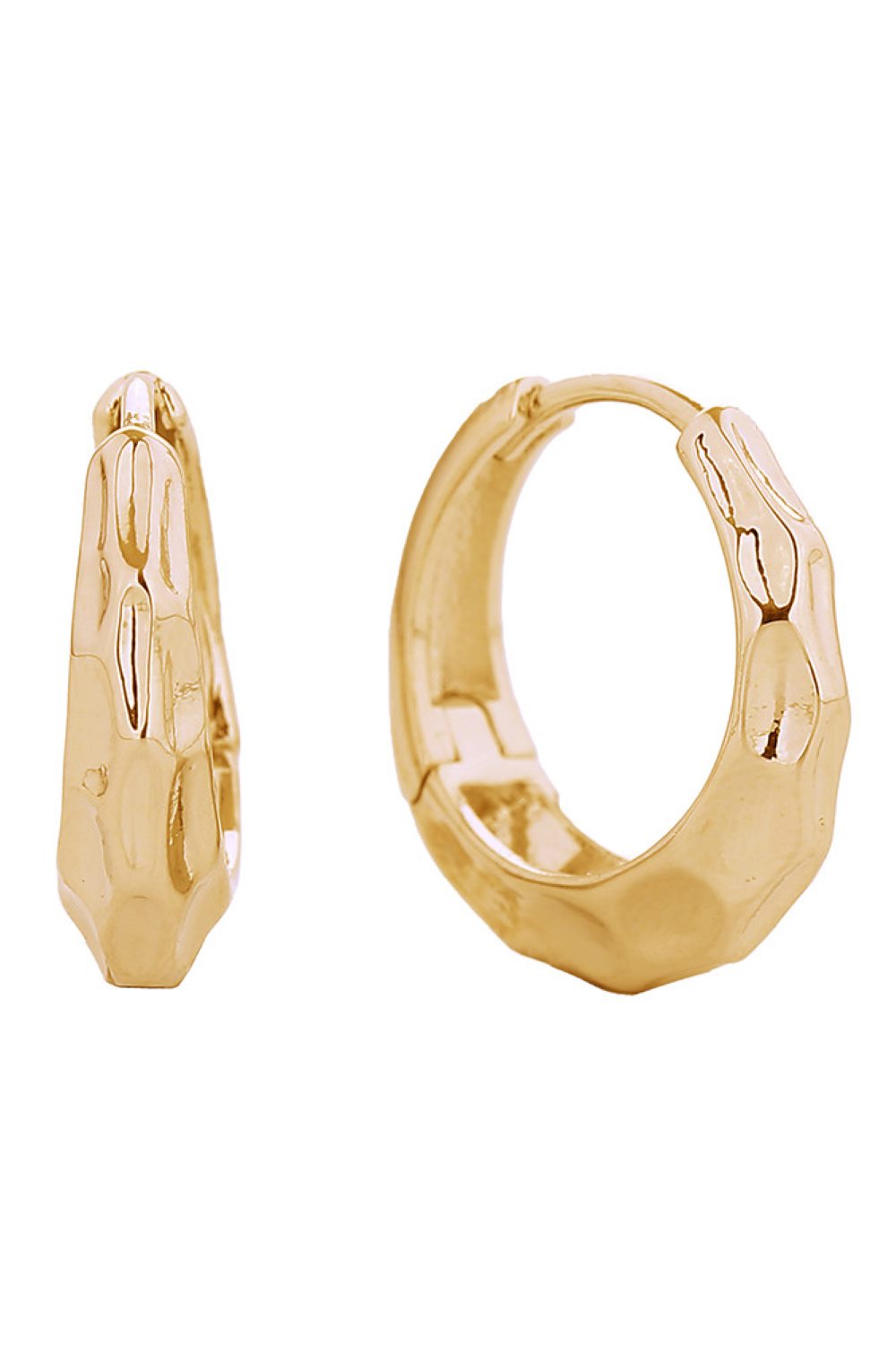 Gold Delicate yet striking, these 14K gold and white gold dipped hammered hoop huggie earrings offer timeless elegance in a compact 1.8cm size. Crafted from hypoallergenic brass, they're perfect for sensitive ears and comply with lead and nickel safety standards. The textured hammered finish adds dimension and sophistication to any look. Made in Korea with quality craftsmanship, these versatile huggie earrings transition seamlessly from everyday wear to special occasions.