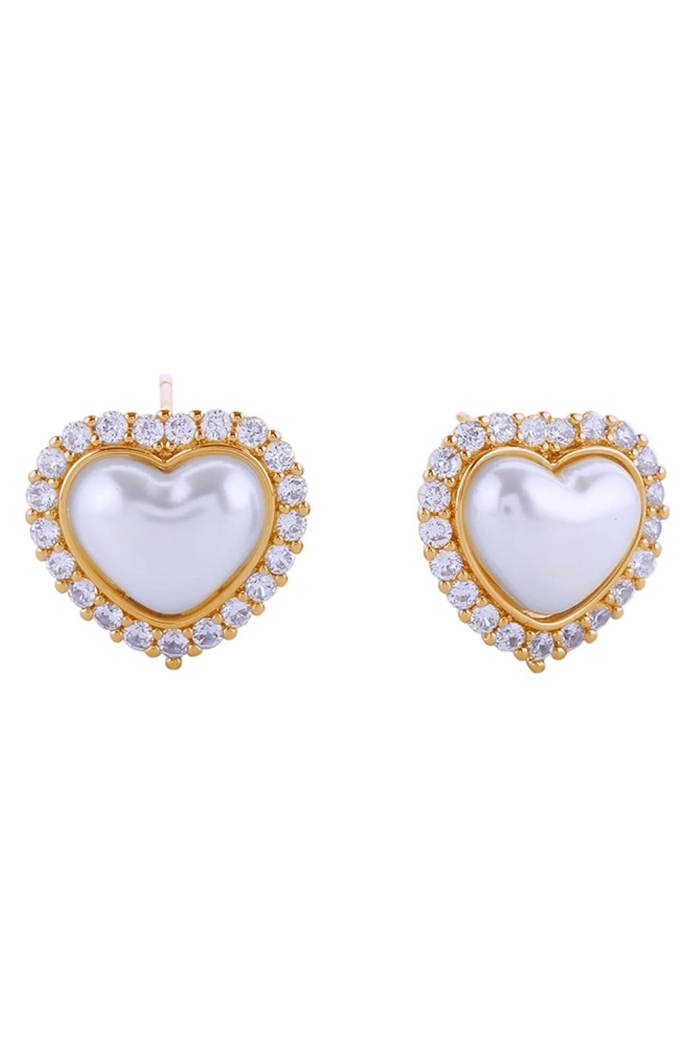 Gold Elegant heart-shaped post earrings featuring lustrous pearls accented with sparkling cubic zirconia pavé detailing. Crafted from hypoallergenic brass with 14K gold or white gold dipping for a luxurious finish. Measuring 1.8cm in diameter, these versatile studs complement any occasion. Lead and nickel compliant for sensitive skin. Made in Korea with quality craftsmanship.