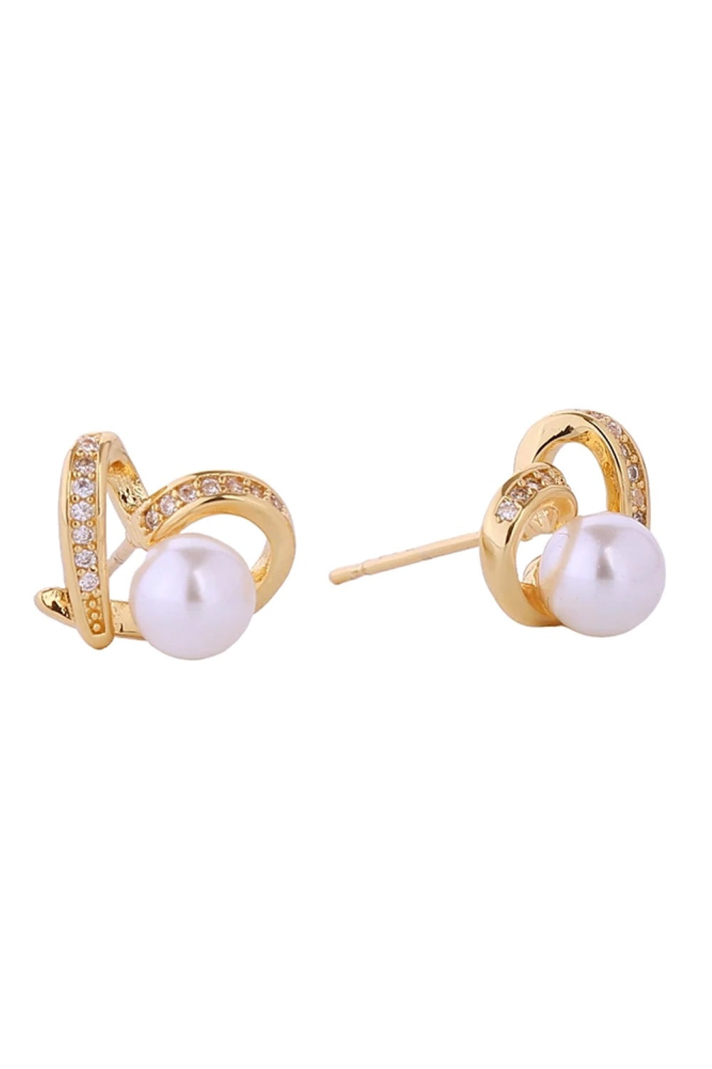 Gold Delicate heart-shaped pearl post earrings with a lustrous finish. Crafted from brass and dipped in 14K gold or white gold plating, these studs feature cubic zirconia accents for subtle sparkle. Measuring 1.3cm, they're perfectly proportioned for everyday elegance. Hypoallergenic design makes them ideal for sensitive ears. Lead and nickel compliant for peace of mind. Expertly made in Korea with quality craftsmanship.