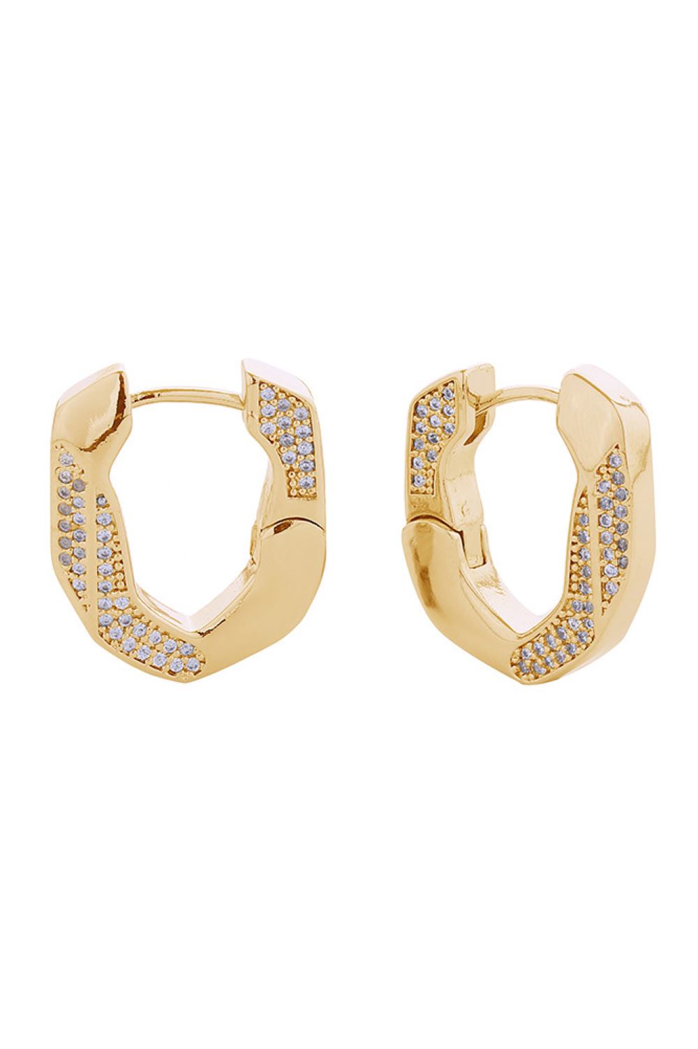 Gold Elevate your everyday look with these stunning 14K Gold and White Gold dipped Heptagon Pave CZ Huggie Earrings. Crafted from hypoallergenic brass with brilliant cubic zirconia stones, these petite 2.4cm earrings offer the perfect balance of sparkle and sophistication. Lead and nickel compliant for sensitive skin, and expertly made in Korea. A versatile essential that transitions seamlessly from day to night.