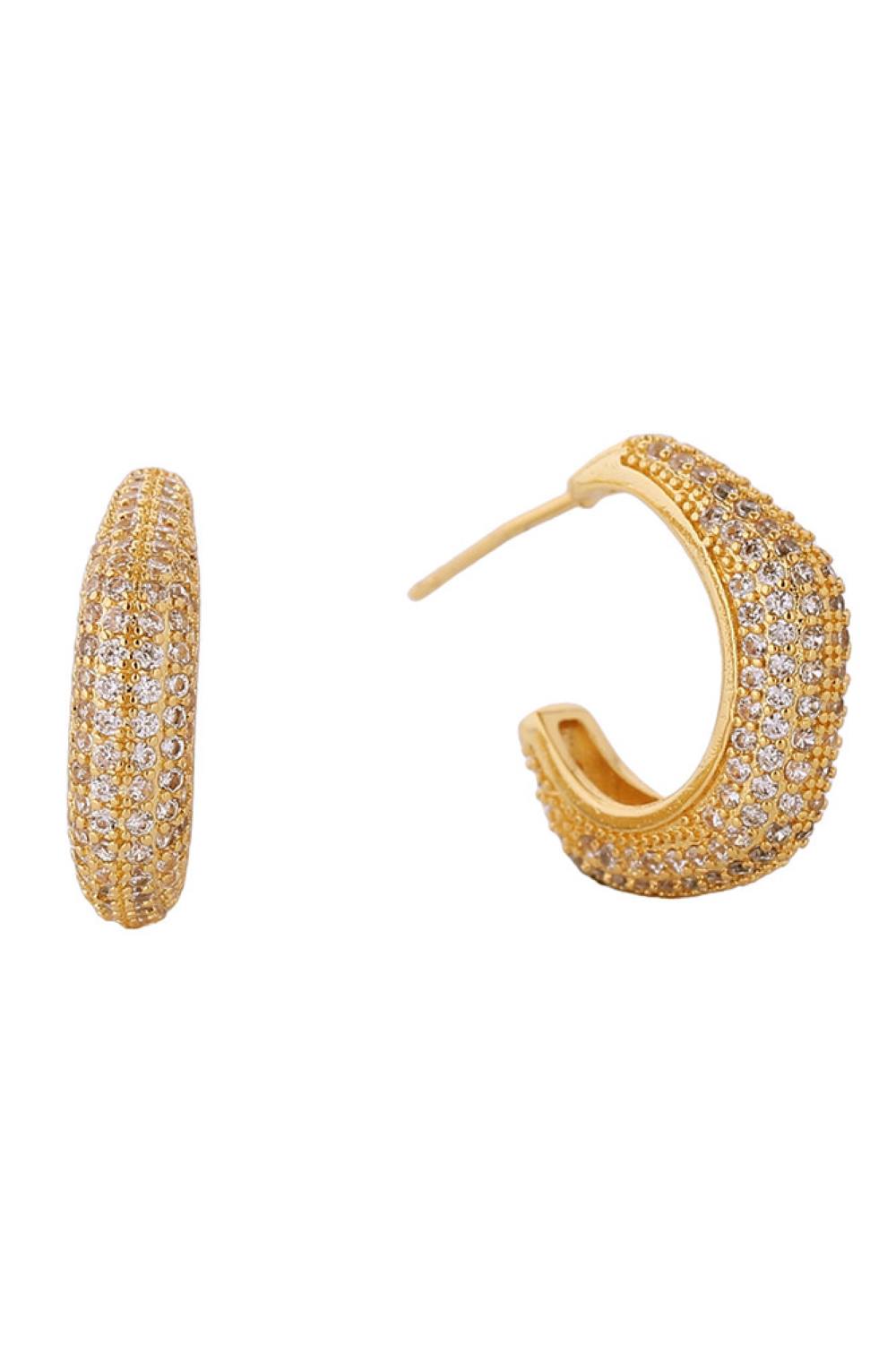 Gold Elegant hexagon post earrings featuring sparkling cubic zirconia pavé settings. Crafted from brass with 14K gold or white gold dipping for a luxurious finish. Measuring 1.8cm, these hypoallergenic studs are perfect for sensitive ears. Lead and nickel compliant for safe, everyday wear.