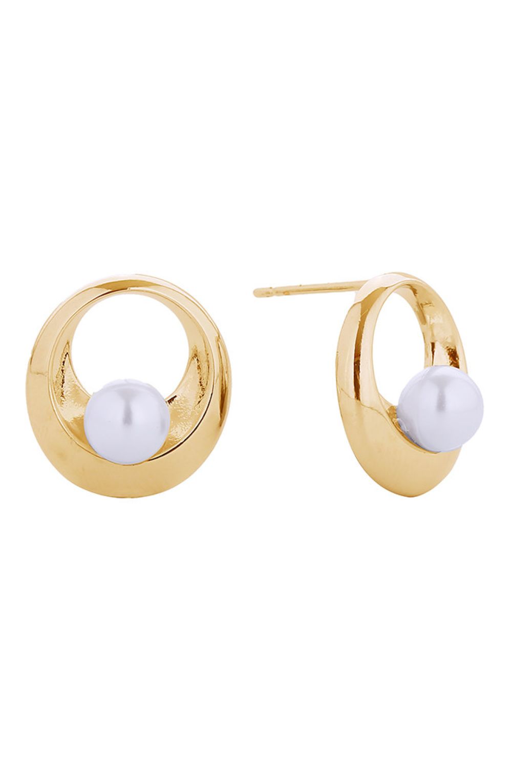 Elegant pearl post earrings featuring a lustrous inner circle design with 14K gold or white gold dipped finishes. Crafted from hypoallergenic brass with a pearl accent, these delicate studs measure 1.7cm and are lead and nickel compliant for sensitive skin. Made in Korea with quality craftsmanship, they're the perfect everyday accessory or thoughtful gift.