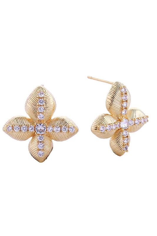 Gold Elegant lucky clover post earrings crafted in 14K gold and white dipped brass with sparkling cubic zirconia pavé detailing. Each earring measures 2.6cm in diameter, making them a delicate yet eye-catching addition to any jewelry collection. Hypoallergenic construction ensures comfortable all-day wear, while lead and nickel compliance guarantees safety and peace of mind. Perfect for everyday elegance or special occasions.