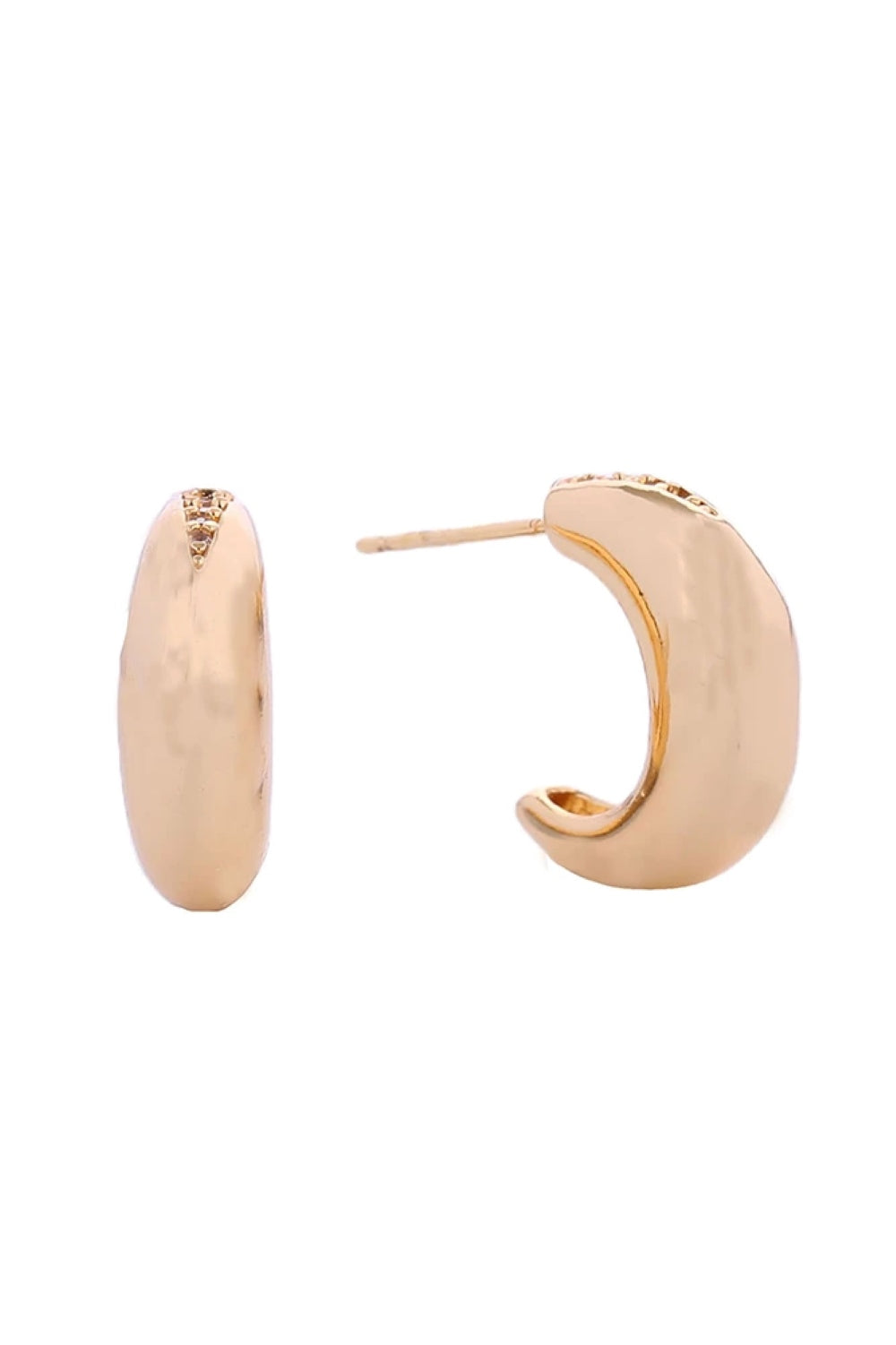 Gold Delicate 14K gold and white gold dipped mini moon studs adorned with sparkling cubic zirconia pavé. Crafted from hypoallergenic brass, these petite earrings measure 1.5cm in diameter perfect for everyday elegance or layering. Lead and nickel compliant for sensitive skin. Made in Korea with quality craftsmanship.