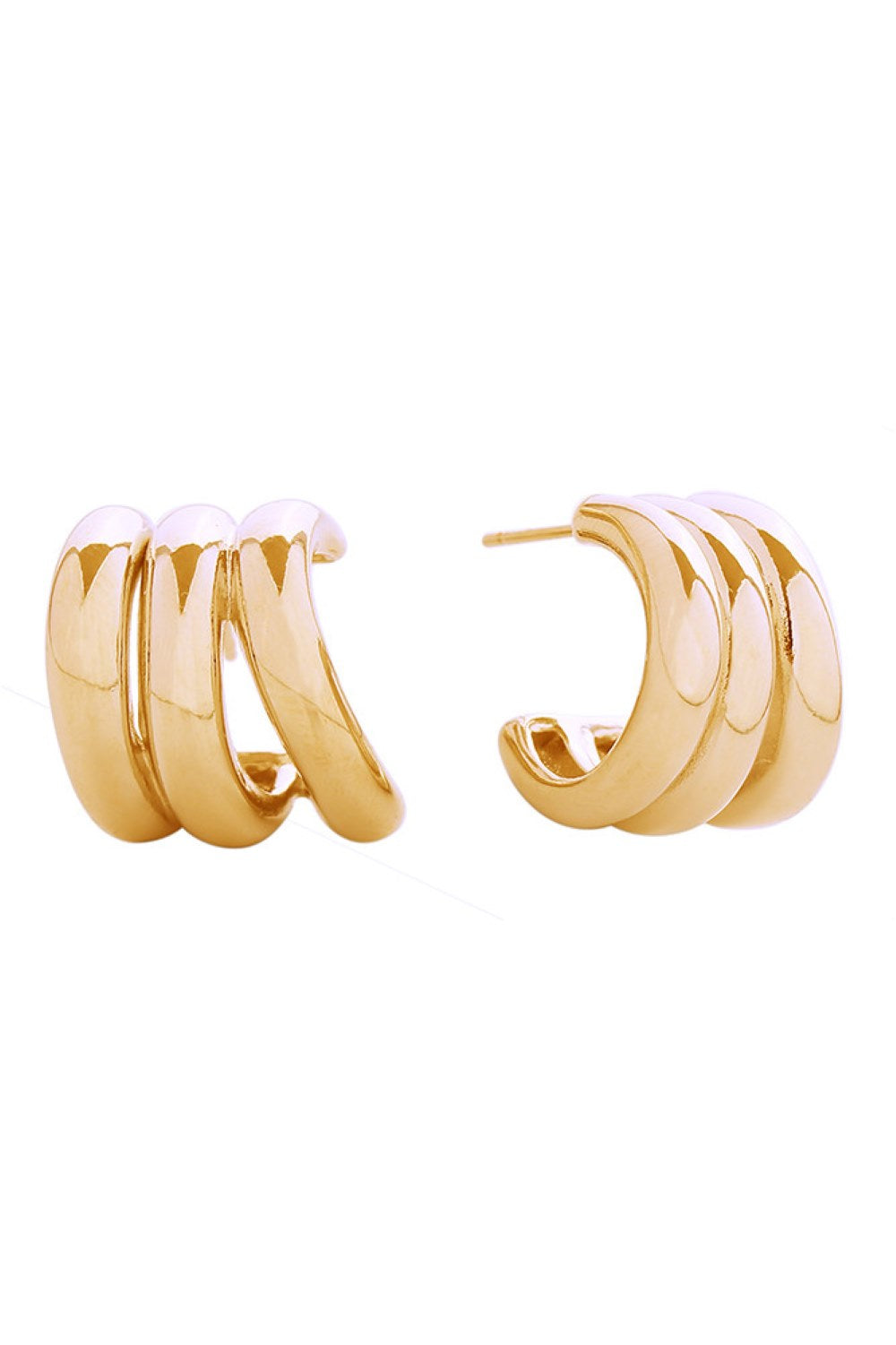 Gold Delicate triple hoop post earrings crafted in brass with 14K gold and white gold dipping. These petite 2cm earrings feature a hypoallergenic design, making them perfect for sensitive ears. Lead and nickel compliant for safe, everyday wear. Expertly made in Korea, these versatile studs add understated elegance to any look.