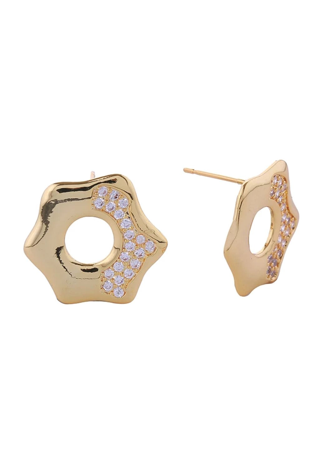 Gold Elegant octagon-shaped post earrings featuring sparkling cubic zirconia pavé detailing. Crafted from brass with 14K gold and white dipping for a luxurious finish. Measuring 2cm in diameter, these hypoallergenic earrings are perfect for sensitive skin. Lead and nickel compliant for safe, worry-free wear. A timeless addition to any jewelry collection.