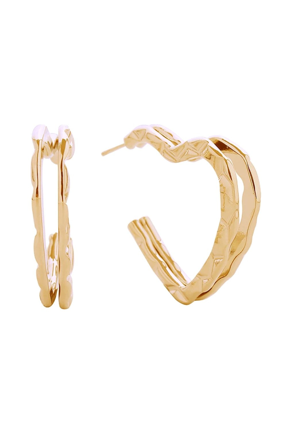 Gold Delicate open heart post earrings crafted in brass with 14K gold and white gold dipping. These hypoallergenic studs measure 3.2cm and are lead and nickel compliant, making them safe for sensitive ears. Expertly made in Korea, they're the perfect everyday accessory that combines elegance with comfort.