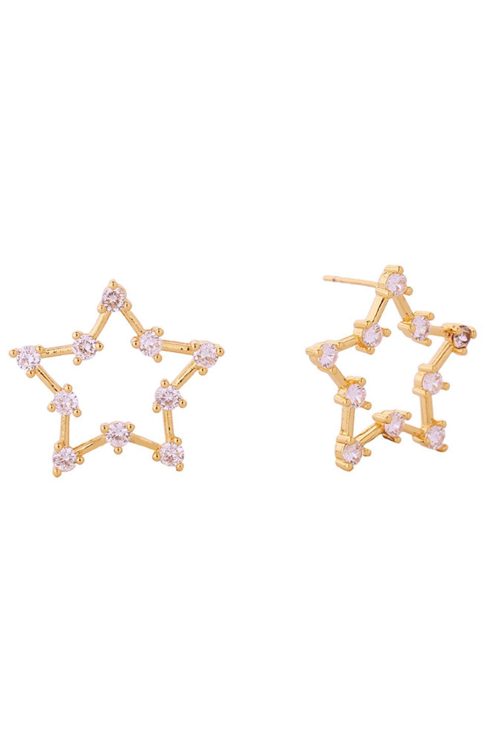 Gold Delicate open star post earrings crafted in brass with 14K gold and white gold dipping. Features sparkling cubic zirconia accents for subtle glamour. Measuring 2.4cm, these hypoallergenic studs are perfect for sensitive ears. Lead and nickel compliant for safe, everyday wear. Expertly made in Korea.