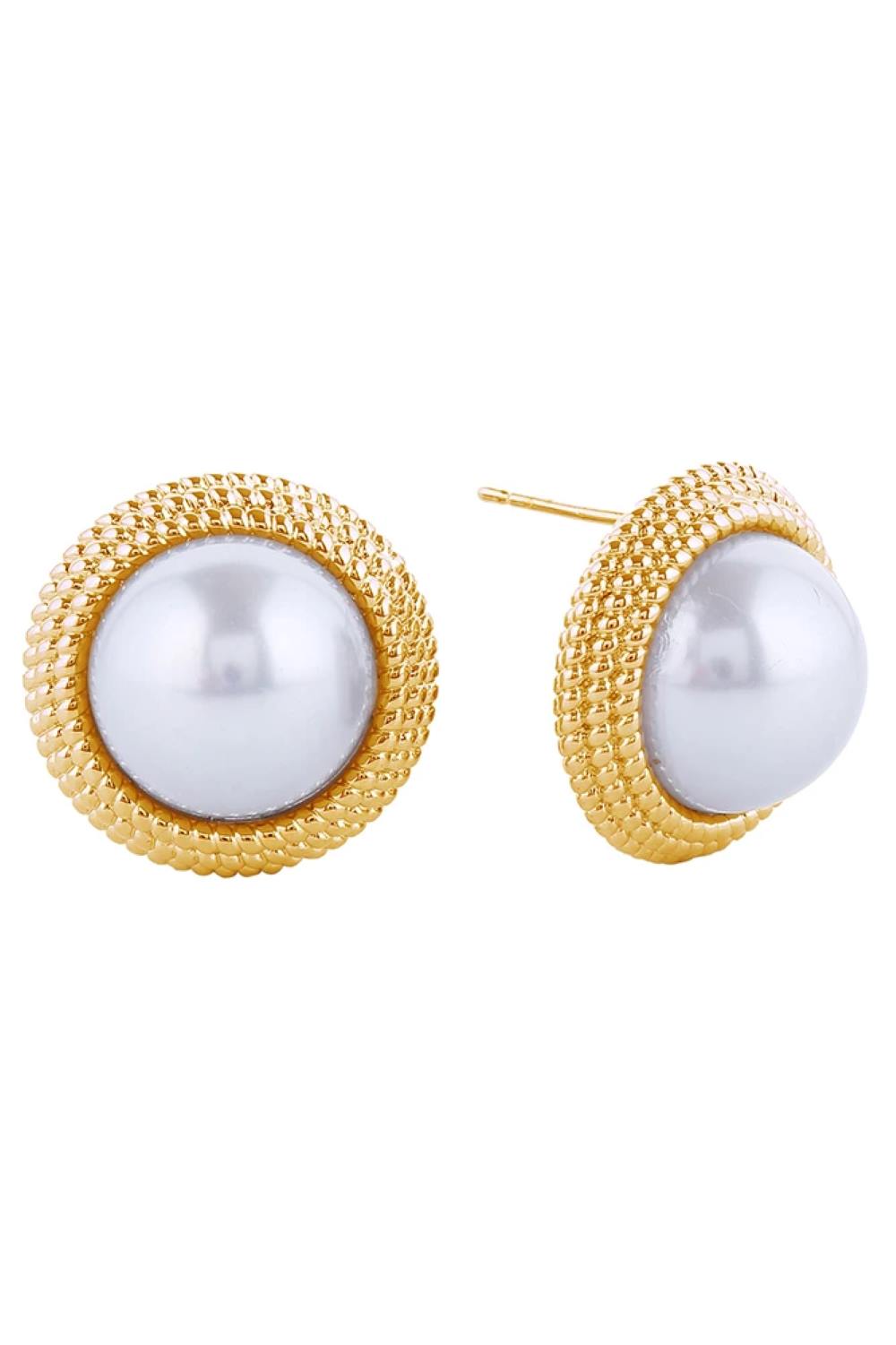 Gold Elegant pearl button post earrings crafted in brass with a lustrous 2cm pearl face. Hypoallergenic design makes them perfect for sensitive skin, while lead and nickel compliance ensures safe, worry-free wear. The timeless pearl button style offers versatile sophistication for everyday elegance or special occasions. Classic beauty that complements any look.