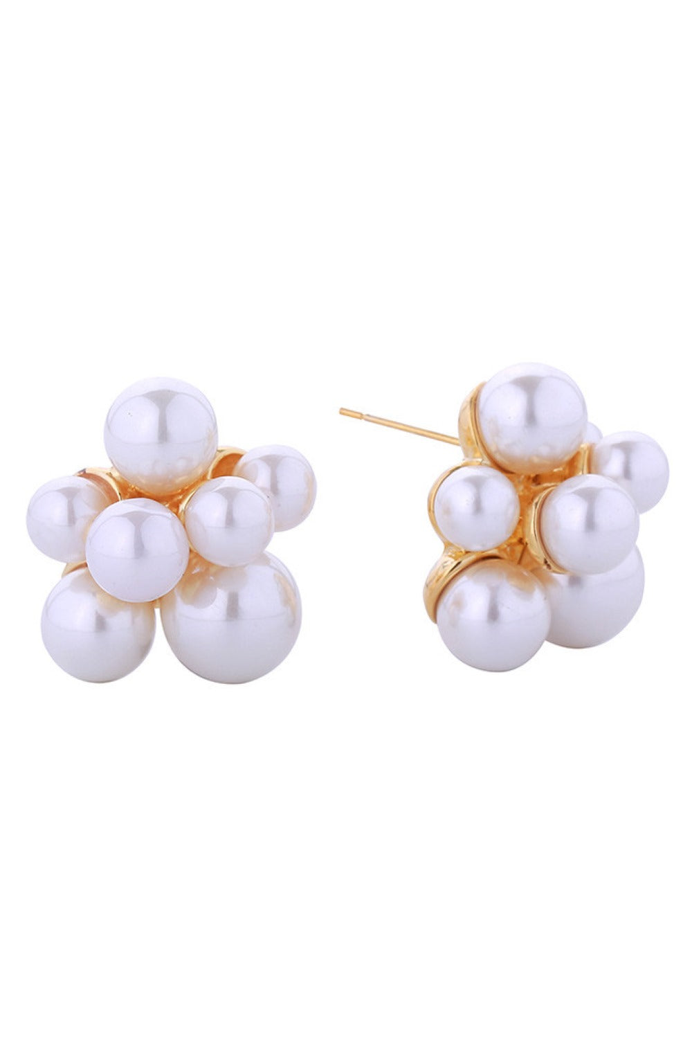 Gold Elegant pearl cluster post earrings crafted in 14K gold and white dipped finish. Each earring features a lustrous pearl center surrounded by a delicate cluster design, measuring 2.1cm in diameter. Made from hypoallergenic brass with pearl accents, these earrings are perfect for sensitive skin. Lead and nickel compliant for safe, everyday wear. A timeless addition to any jewelry collection.