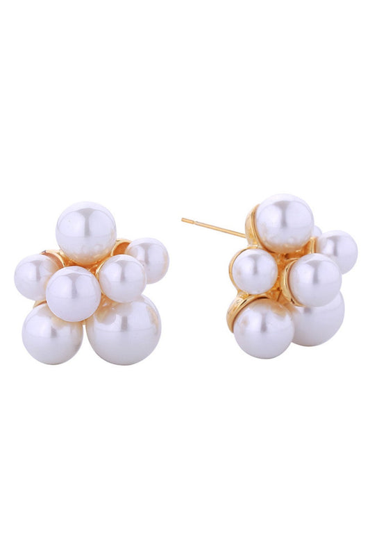 Gold Elegant pearl cluster post earrings crafted in 14K gold and white dipped finish. Each earring features a lustrous pearl center surrounded by a delicate cluster design, measuring 2.1cm in diameter. Made from hypoallergenic brass with pearl accents, these earrings are perfect for sensitive skin. Lead and nickel compliant for safe, everyday wear. A timeless addition to any jewelry collection.