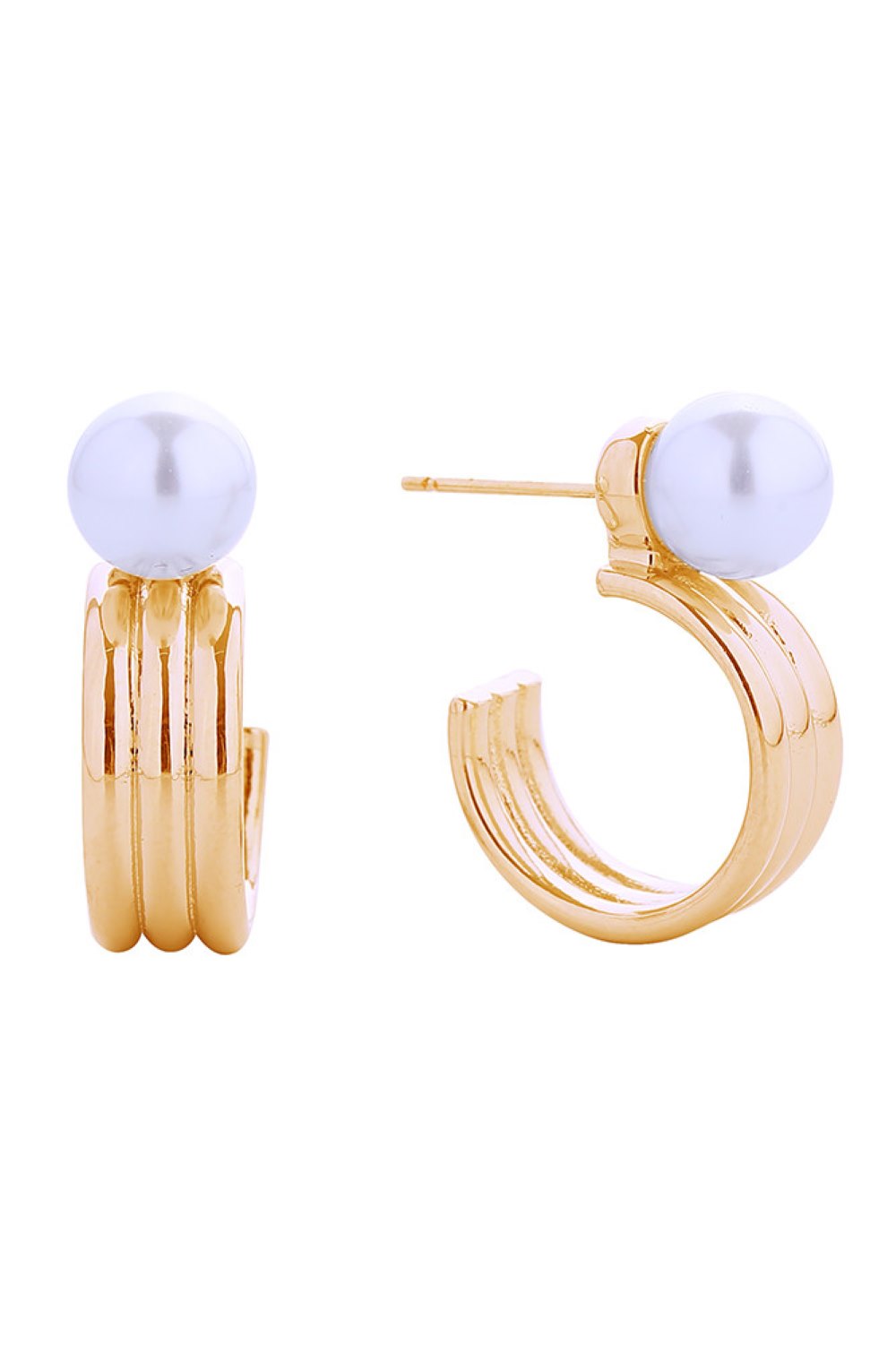 Gold Elegant pearl-adorned hoop post earrings crafted with 14K gold and white gold dipping over brass. Each piece features a lustrous pearl accent set on a delicate hoop design, measuring 1.6cm for a refined, understated look. Hypoallergenic construction ensures comfort for sensitive ears. 