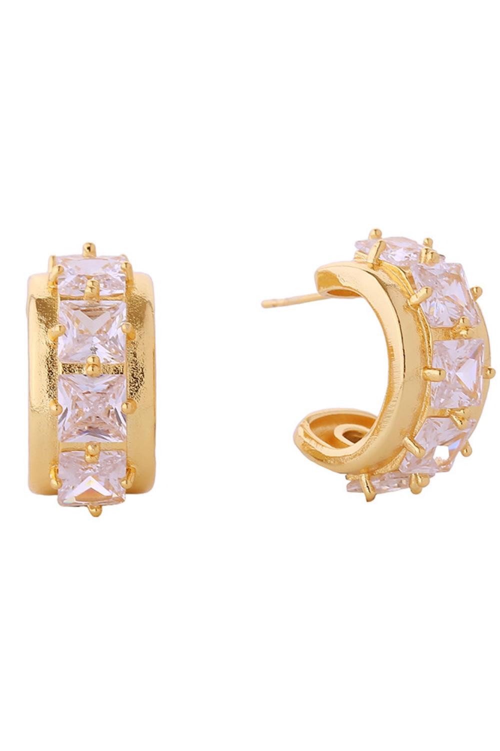 Gold Elegant 14K gold and white gold dipped post earrings featuring brilliant princess cut cubic zirconia stones. Crafted from hypoallergenic brass, these 2.4cm earrings are perfect for sensitive skin. Lead and nickel compliant for safe, everyday wear. Made in Korea with quality craftsmanship. The timeless J-shape design offers a sophisticated look that transitions seamlessly from day to night.