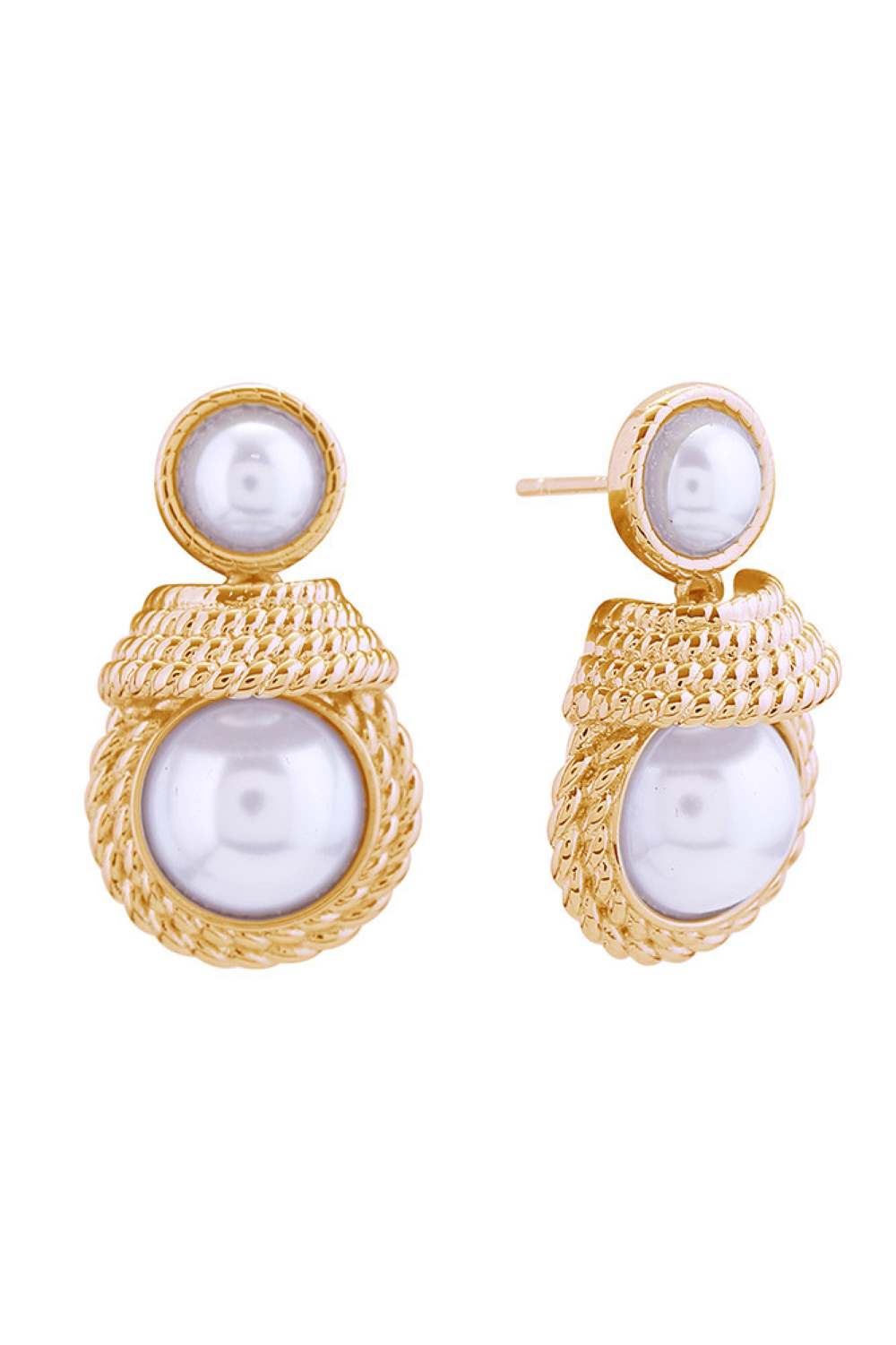 Gold Elegant 14K gold and white dipped post earrings featuring dual lustrous pearls in a princess-inspired design. Crafted from hypoallergenic brass with pearl accents, these timeless studs measure 2.6cm in diameter and are perfect for everyday wear or special occasions. Lead and nickel compliant for safe, comfortable styling. A sophisticated addition to any jewelry collection.