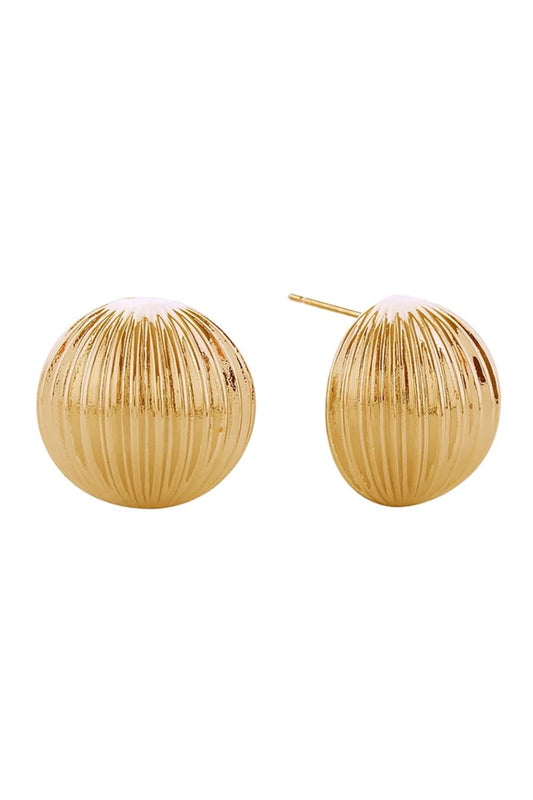 Gold Elegant 14K ribbed round post earrings featuring a classic design with subtle texture. Each earring measures 2cm in diameter, offering a refined everyday look. Crafted from hypoallergenic brass, these earrings are gentle on sensitive skin and fully compliant with lead and nickel regulations. Perfect for those seeking timeless style with comfort and safety in mind.