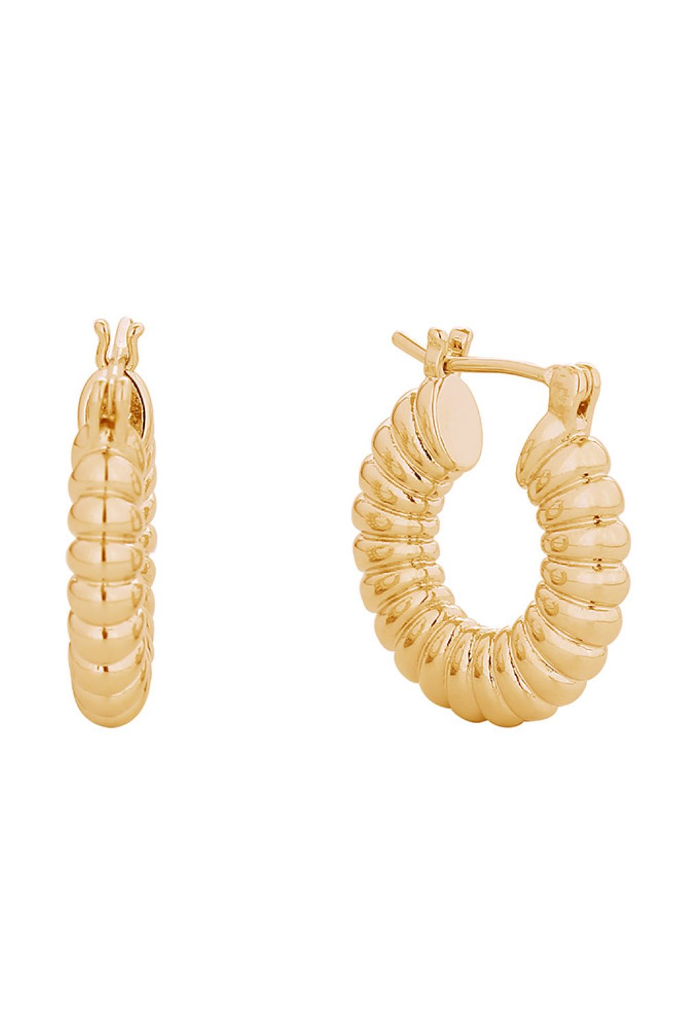 Gold Elevate your everyday look with these timeless 14K Gold and White Gold dipped ridged hoop pincatch earrings. Crafted from hypoallergenic brass, they're gentle on sensitive skin while delivering a luxurious finish. The delicate 1.7cm design offers understated elegance that works for any occasion. Lead and nickel compliant for peace of mind. Expertly made in Korea.