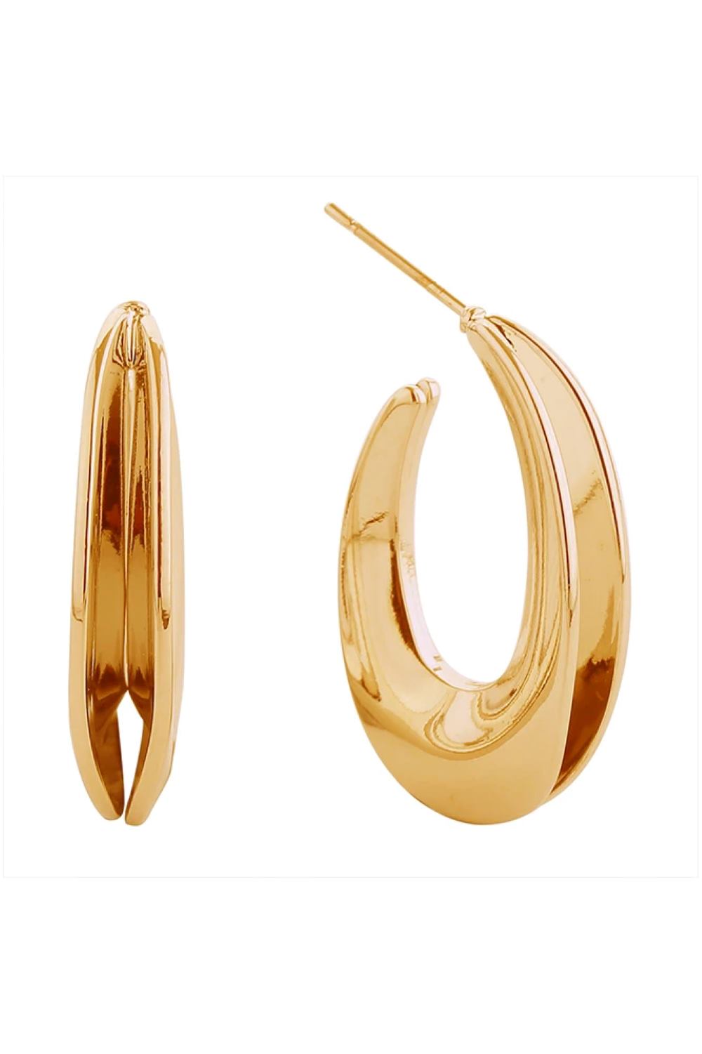 Gold Elegant 14K split hoop post earrings featuring a modern design with a 2.7cm diameter. Crafted from hypoallergenic brass, these earrings are perfect for sensitive skin and everyday wear. Lead and nickel compliant for safety and peace of mind. The sleek split design adds contemporary style to any look, while the secure post backing ensures comfortable all-day wear.