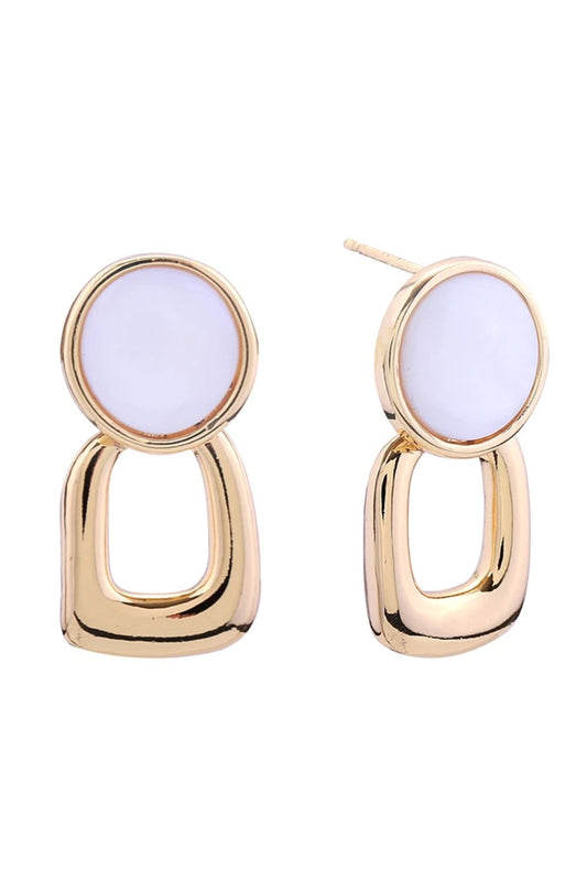 Gold Elegant square drop button post earrings crafted in brass with a luxurious 14K gold or white gold dip finish. Featuring stunning white-abalone shell accents, these hypoallergenic earrings are perfect for sensitive skin. Each earring measures 2.5cm in diameter, offering a sophisticated statement without overwhelming your look. Lead and nickel compliant for peace of mind. Expertly made in Korea with attention to detail and quality craftsmanship.