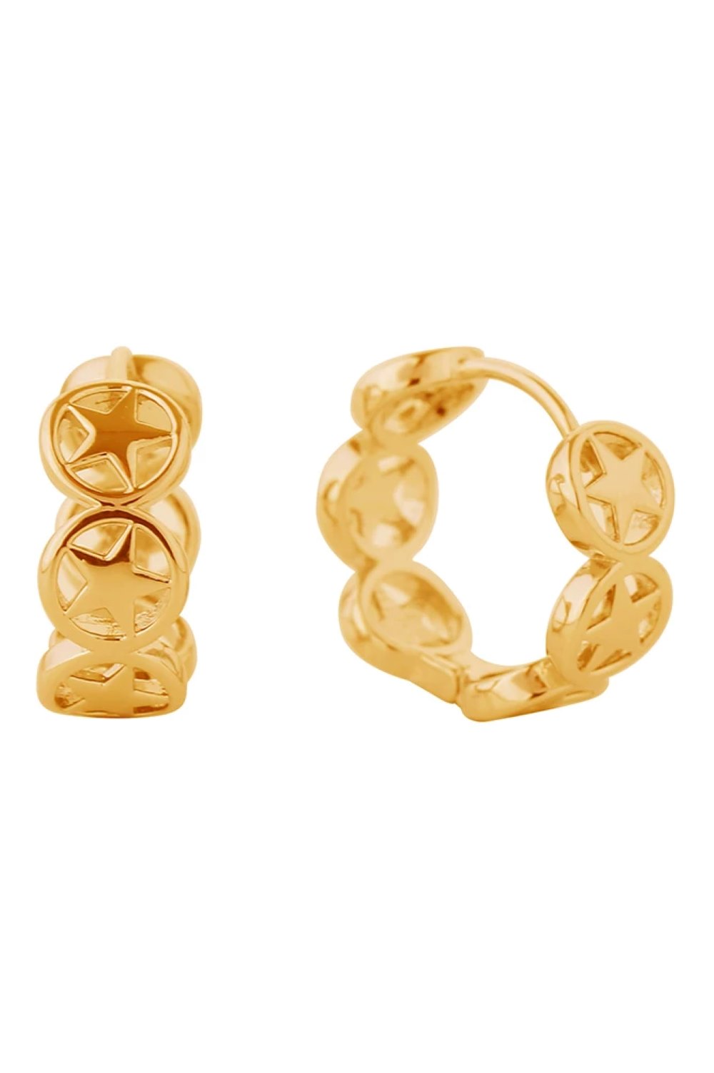 Gold Celestial-inspired huggie hoop earrings crafted in brass with 14K gold and white gold dipping. These delicate hoops feature a stellar sky design and measure 1.7cm in diameter, perfect for everyday elegance. Hypoallergenic construction ensures comfort for sensitive ears. Lead and nickel compliant for peace of mind. Expertly made in Korea.
