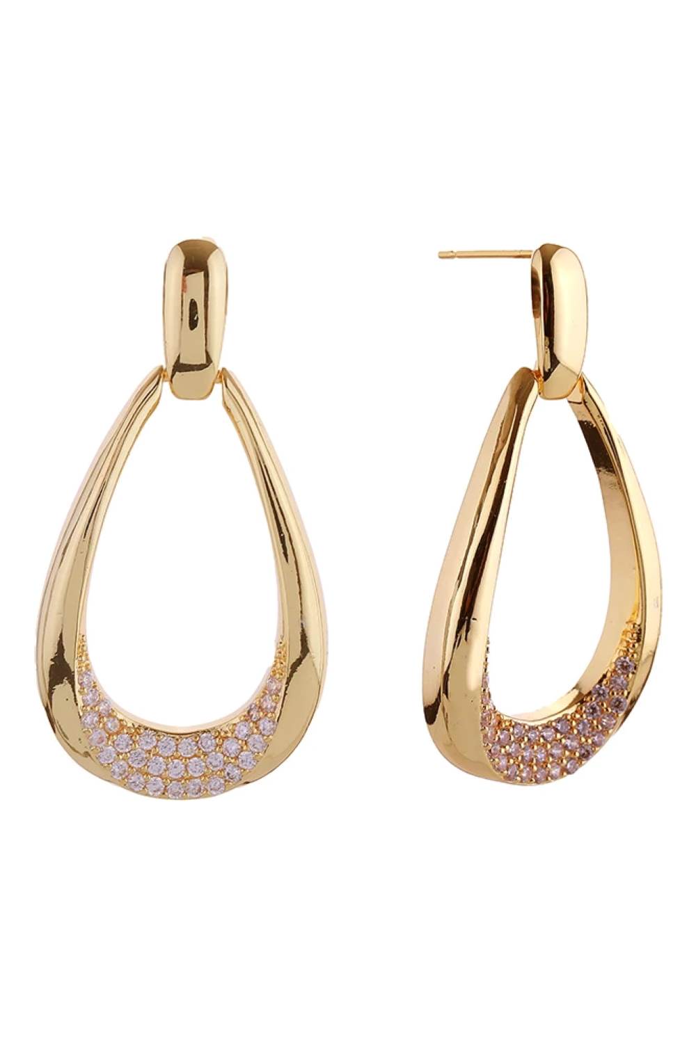 Gold Elegant tear drop dangle hoops featuring sparkling cubic zirconia pavé detailing. Crafted from brass with 14K gold and white dipping for a luxurious two-tone finish. These hypoallergenic post earrings measure 4.3" in diameter, making a bold statement while remaining comfortable for all-day wear. Lead and nickel compliant for peace of mind. Perfect for adding glamour to any occasion.