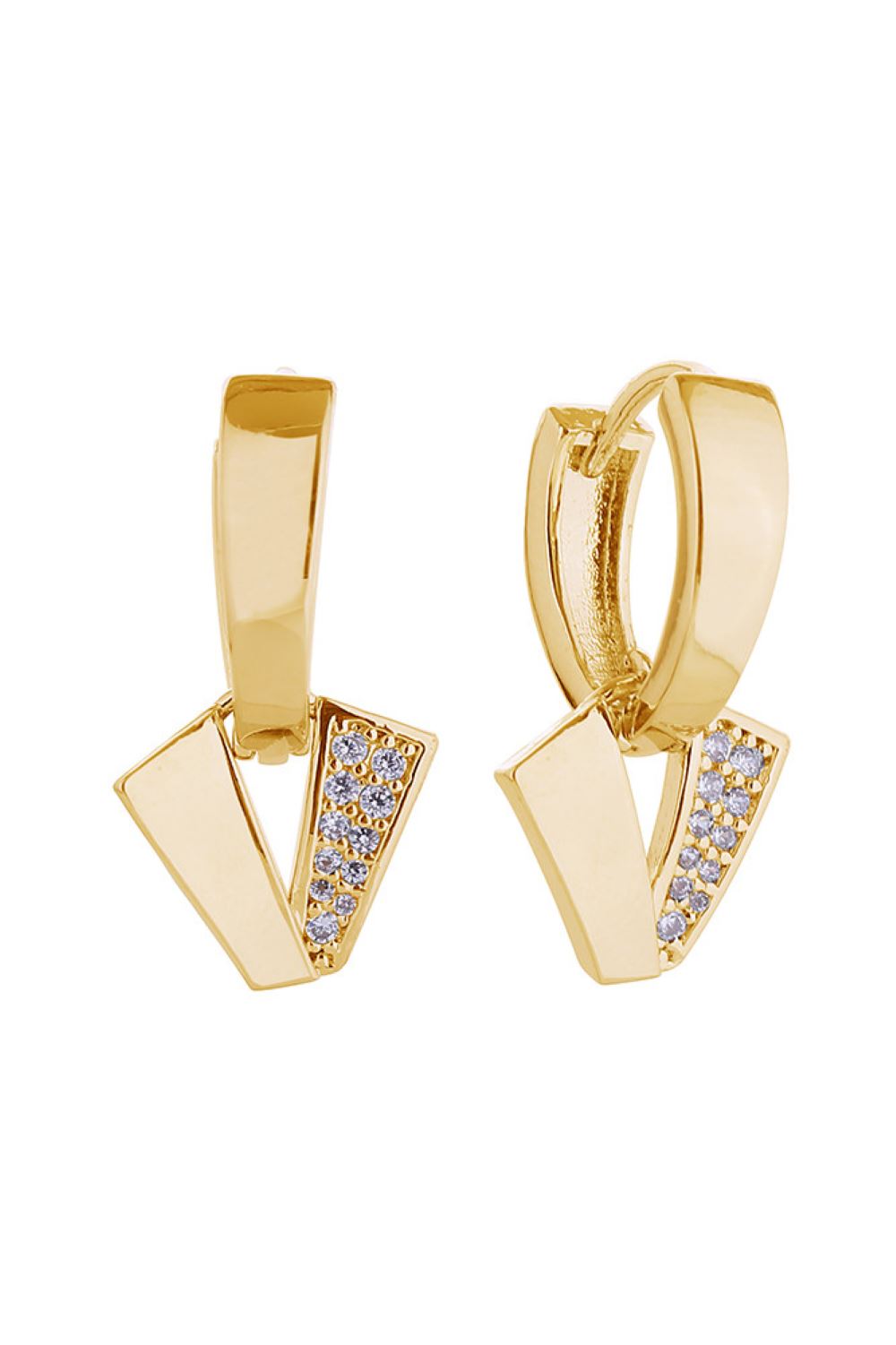 Gold Elegant triangle dangle huggie earrings crafted in 14K gold and white gold dipping. Featuring cubic zirconia stones for a brilliant sparkle, these hypoallergenic earrings are perfect for sensitive ears. Measuring 1.4cm, they offer a delicate yet eye-catching look. Made in Korea with brass construction, these earrings are lead and nickel compliant, ensuring safe, comfortable wear for all-day elegance.