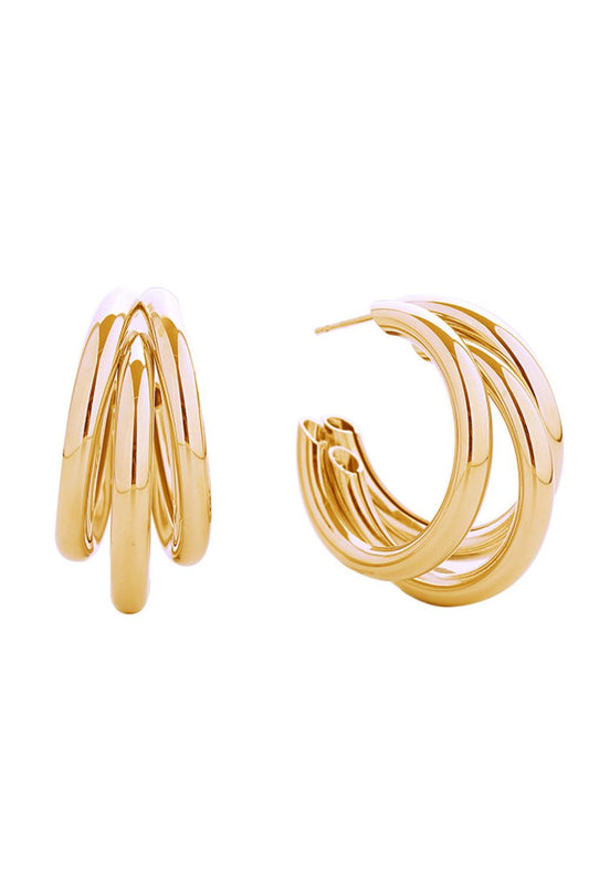 Gold Elegant trio hoop design crafted in brass with 14K gold and white gold dipping. These 2.8cm post earrings feature a timeless waltz-inspired silhouette that transitions beautifully between warm and cool tones. Hypoallergenic construction ensures comfortable all-day wear, while lead and nickel compliance guarantees safety and peace of mind.