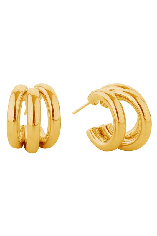 Gold Elegant trio loop post earrings crafted in brass with 14K gold and white gold dipping. Measuring 2.4cm in diameter, these hypoallergenic earrings are perfect for sensitive skin. Lead and nickel compliant for safe, everyday wear. Expertly made in Korea, they combine timeless design with quality craftsmanship.