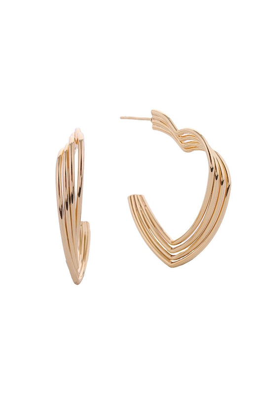 Gold Elegant triple open heart post earrings crafted in brass with 14K gold and white gold dipping. Each earring measures 4cm, featuring a delicate stacked heart design that catches light beautifully. Hypoallergenic construction ensures comfortable all-day wear. Lead and nickel compliant for safety and peace of mind. Expertly made in Korea, these timeless pieces add a touch of romance to any look.