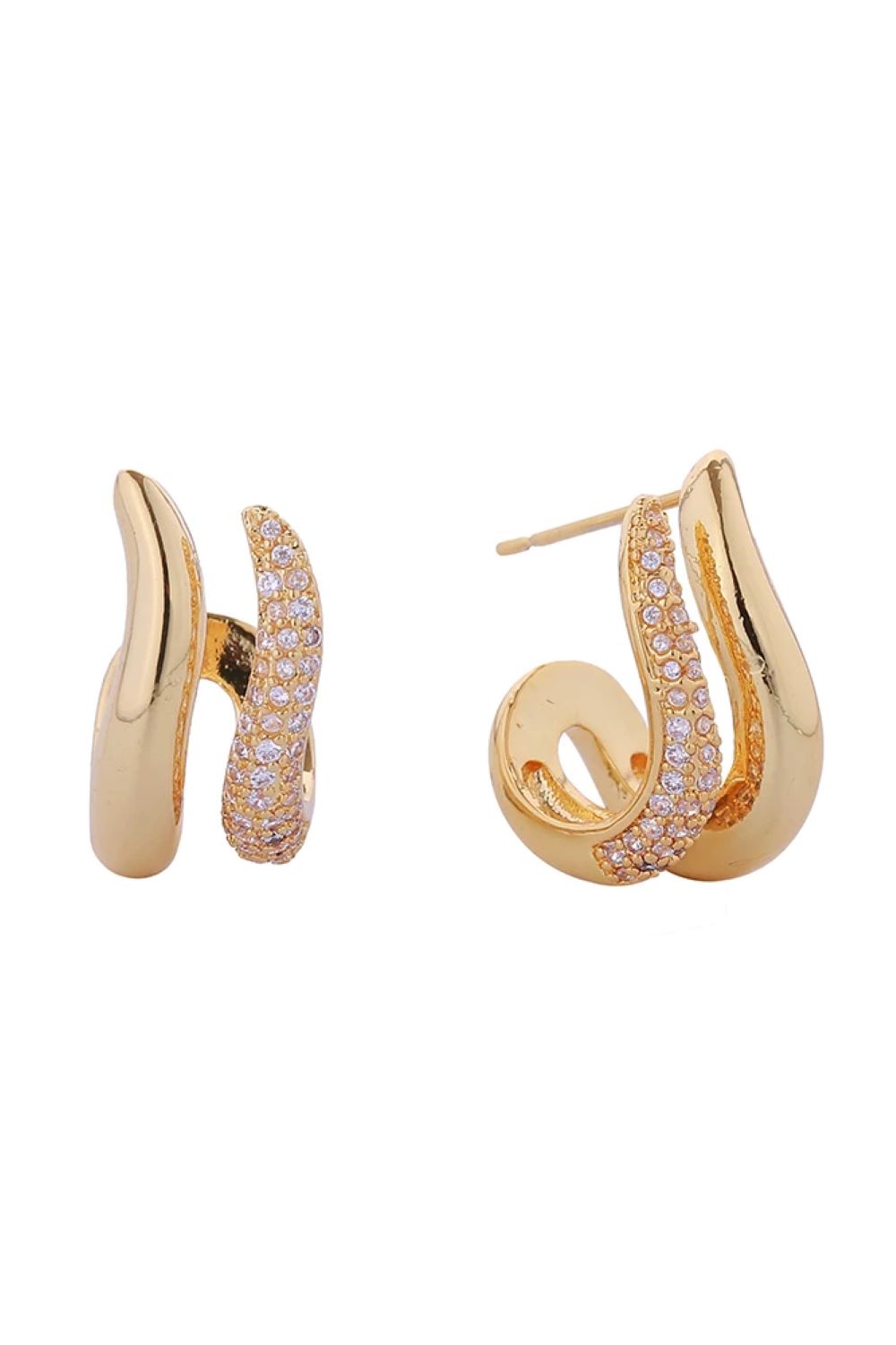 14K Twin Hoop Pave CZ Post Earring - Gold - Earrings