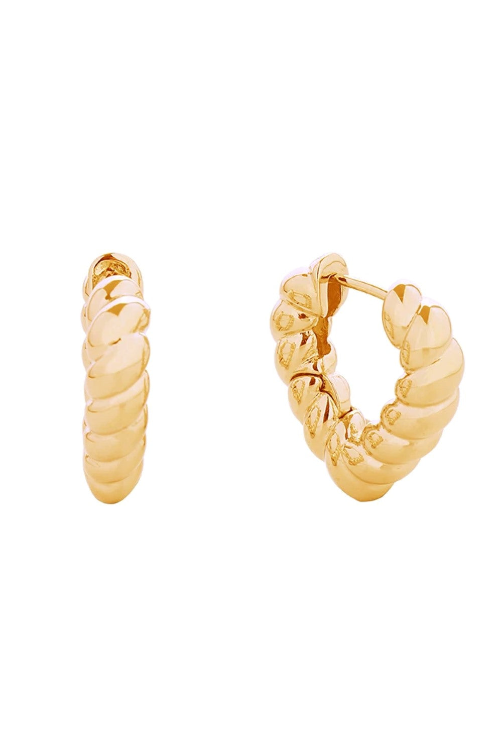 Gold Delicate twisted heart huggie earrings crafted in hypoallergenic brass with 14K gold and white gold dipping. These petite 2cm earrings hug close to the ear for an elegant, understated look. Lead and nickel compliant for sensitive skin. Expertly made in Korea, they're the perfect everyday accessory or thoughtful gift for someone special.
