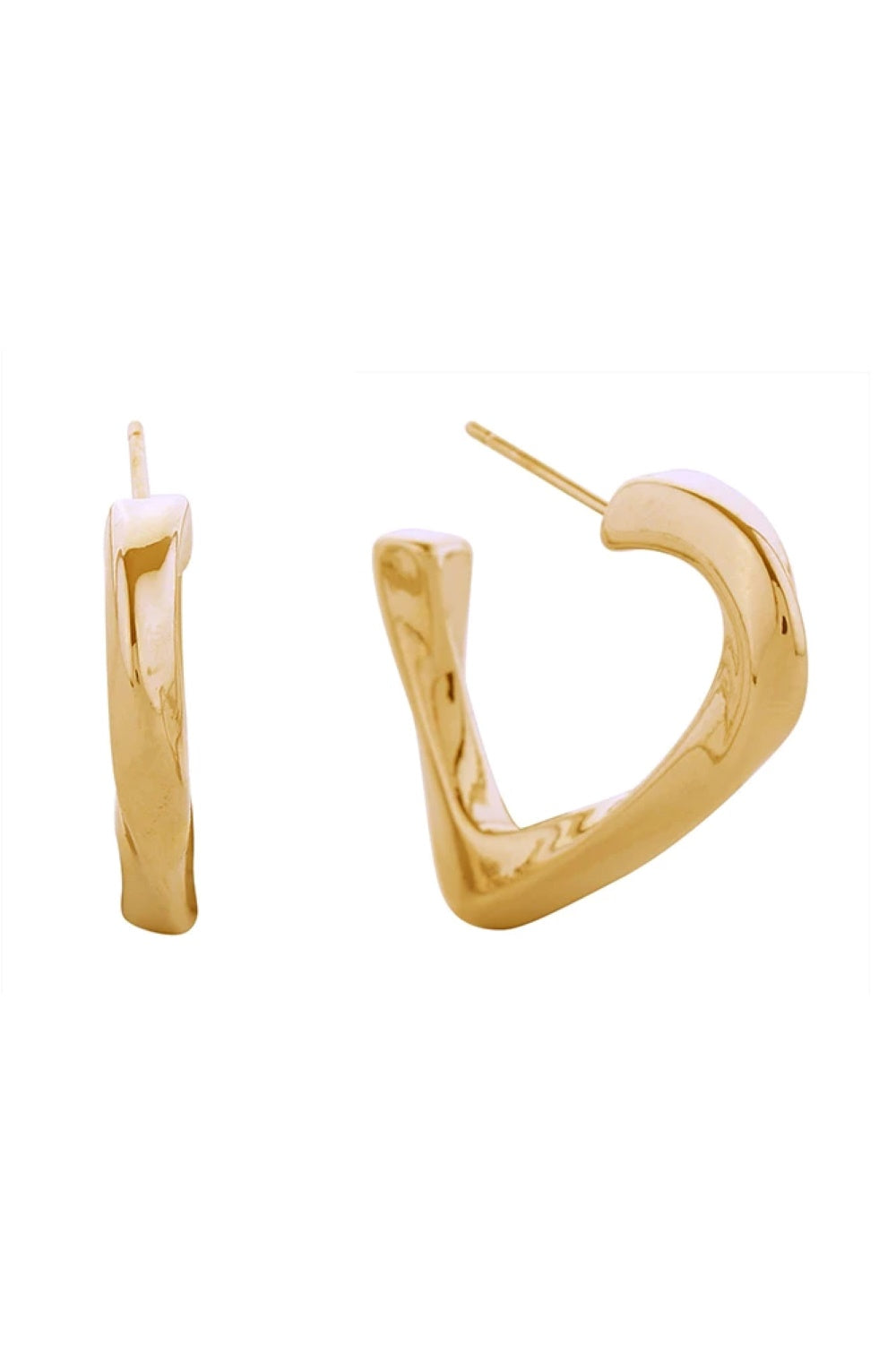 Gold Elegant twisted triangle post earrings crafted in brass with a hypoallergenic finish. Each earring features a 2.8cm diameter design that catches light beautifully. Lead and nickel compliant, making them safe for sensitive skin. Perfect for everyday wear or special occasions, these geometric studs add a modern touch to any look.