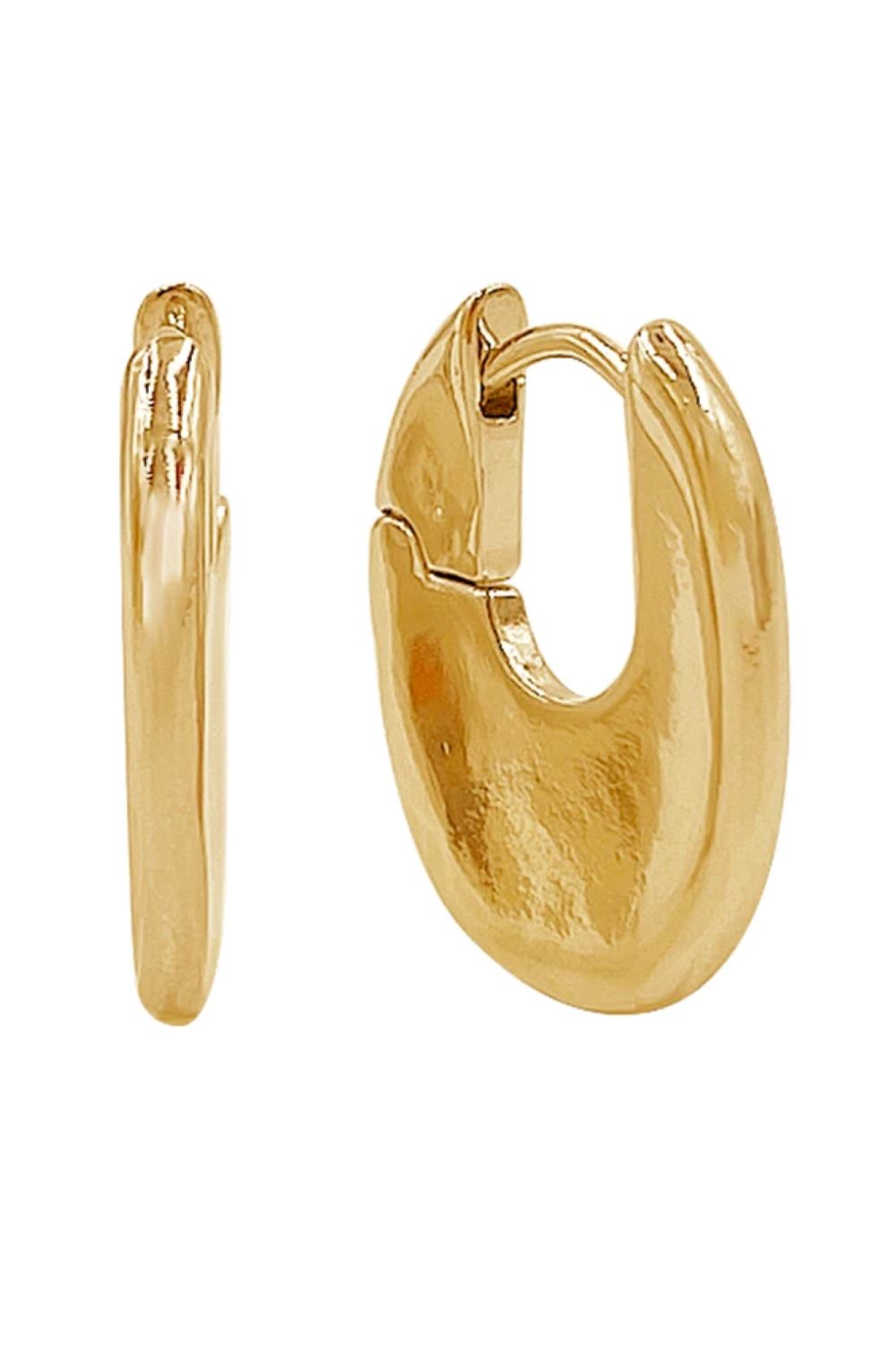 Gold Elegant U-shaped huggie hoops crafted in 14K gold or white gold-dipped brass. These hypoallergenic earrings feature a comfortable 2cm diameter design, perfect for everyday wear. Lead and nickel compliant for sensitive skin. Expertly made in Korea with quality craftsmanship you can trust.