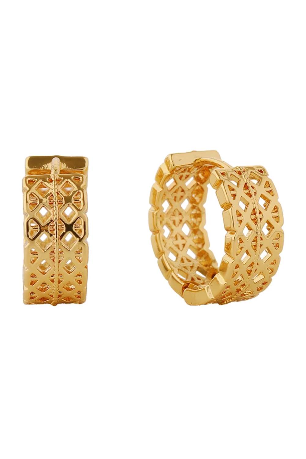 Gold Delicate 14K gold and white gold dipped huggie earrings crafted from hypoallergenic brass. These Korean-made beauties feature an intricate woven cut design that catches the light beautifully. With a 1.7cm diameter, they sit perfectly close to the ear for an elegant, understated look. Lead and nickel compliant for sensitive skin. A versatile everyday essential that pairs with any style.