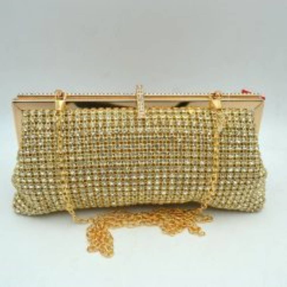 Gold Add a touch of glamour to your next special occasion with this exquisite evening clutch bag. Designed to catch the light from every angle, this handbag features a fully embellished exterior lined with rows of shimmering crystal rhinestones and a distinctive, rhinestone-accented top clasp closure that adds an extra layer of elegance while keeping your essentials secure. Perfect for weddings, galas, parties, or formal events