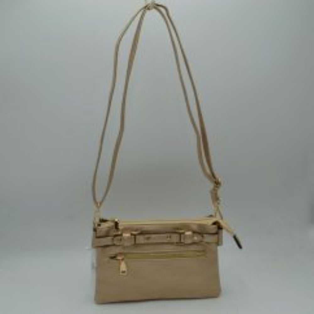 Gold This functional crossbody bag is designed for organized everyday use, featuring a textured exterior equipped with multiple secure storage compartments. The front panel includes a convenient horizontal zippered pocket accented with an oversized metallic zipper pull, situated beneath a decorative horizontal band detailed with metallic studs and loops.