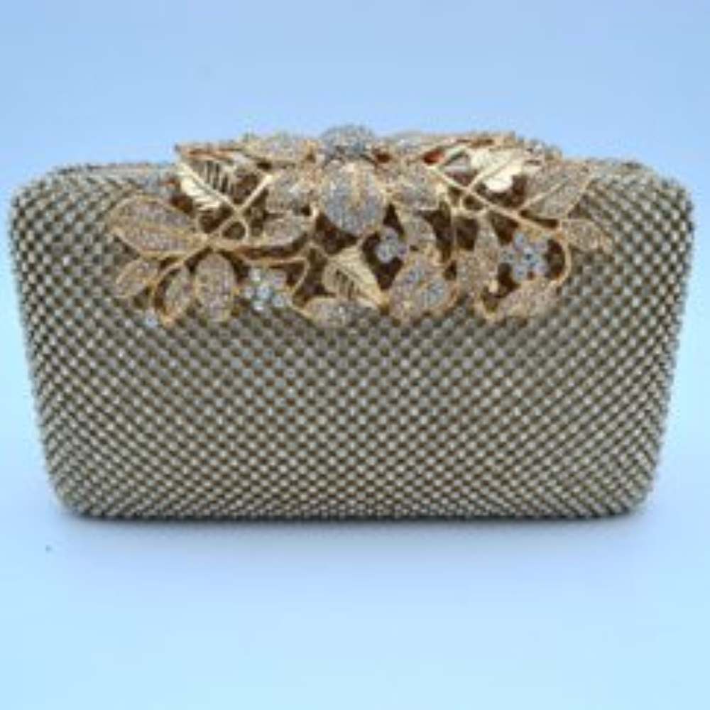 Gold Designed with a rigid rectangular silhouette, this sophisticated box clutch features a meticulously textured exterior composed of small, shimmering circular studs arranged in a uniform pattern. A detailed overlay consisting of metallic leaves and floral accents spans across the top closure, creating an elegant focal point while securing the main storage compartment. A matching link chain strap attaches seamlessly to the top edges