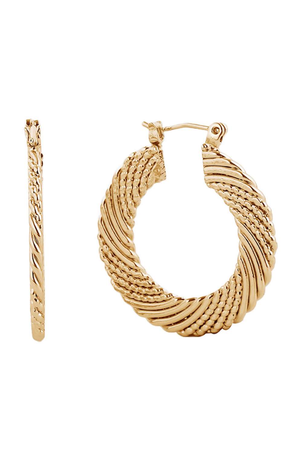 Gold Elevate your everyday elegance with the Divine 14K Dipped Pin Catch Hoop. Crafted from hypoallergenic brass with a luxurious 14K gold or white gold dip, these timeless hoops offer both style and comfort. Measuring 2.59cm in diameter, they're the perfect size for versatile wear from casual days to special occasions. Lead and nickel compliant, these earrings are safe for sensitive skin. The secure pin catch closure ensures your hoops stay in place all day long.