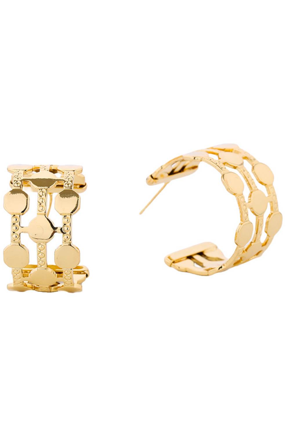 Gold Elegant 14K gold-dipped post hoops that combine timeless style with everyday wearability. These classic hoops feature a smooth, polished finish and secure post backs for comfortable all-day wear. The gold dipping adds a luxurious touch while remaining affordable and versatile. Perfect for layering or wearing solo, these hoops transition seamlessly from casual to dressed-up occasions. A wardrobe essential that works with any aesthetic.