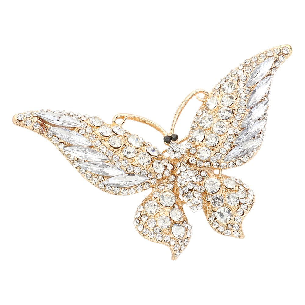 Gold Glass Crystal Butterfly Pin Brooch is expertly crafted with sparkling glass crystals, adding a touch of elegance and sophistication to any outfit. With its timeless butterfly design, this tasteful accessory is perfect for any occasion. Enhance your ensemble with a touch of shimmer and charm.