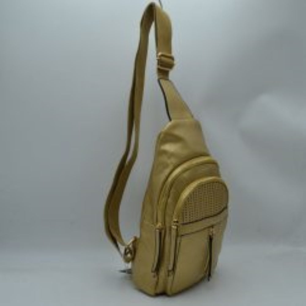 Gold This functional sling bag features a textured, subtly grained exterior with an asymmetric silhouette ideal for active everyday use. It provides multiple organized storage compartments, including a spacious curved main section, an intermediate arched front pocket with a decorative perforated design, and a lower pouch featuring a vertical zipper closure and an elongated pull tab. The design is completed by a single wide