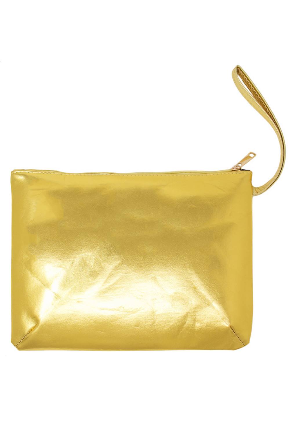Gold Elevate your evening look with this stunning Solid Metallic Clutch. Crafted from premium PU material, it delivers a sleek, polished finish that catches the light beautifully. The versatile design measures 11" x 8" with a convenient 7" strap, making it perfect for cocktail events, dinners, or nights out. Compact yet spacious enough for essentials, this clutch pairs effortlessly with any outfit. A timeless accessory that adds instant sophistication to your collection.