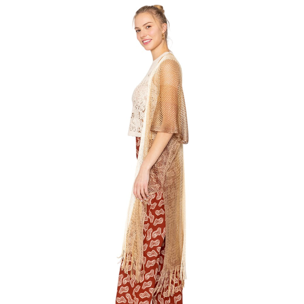 Gold Two Tone Lurex Kimono Poncho is a versatile and stylish addition to any wardrobe. Made with a unique Lurex fabric, it adds a touch of shimmer to your outfit. Its kimono design offers a comfortable and flattering fit, making it suitable for any body type. Perfect for adding a pop of color and sparkle to your outfit. 