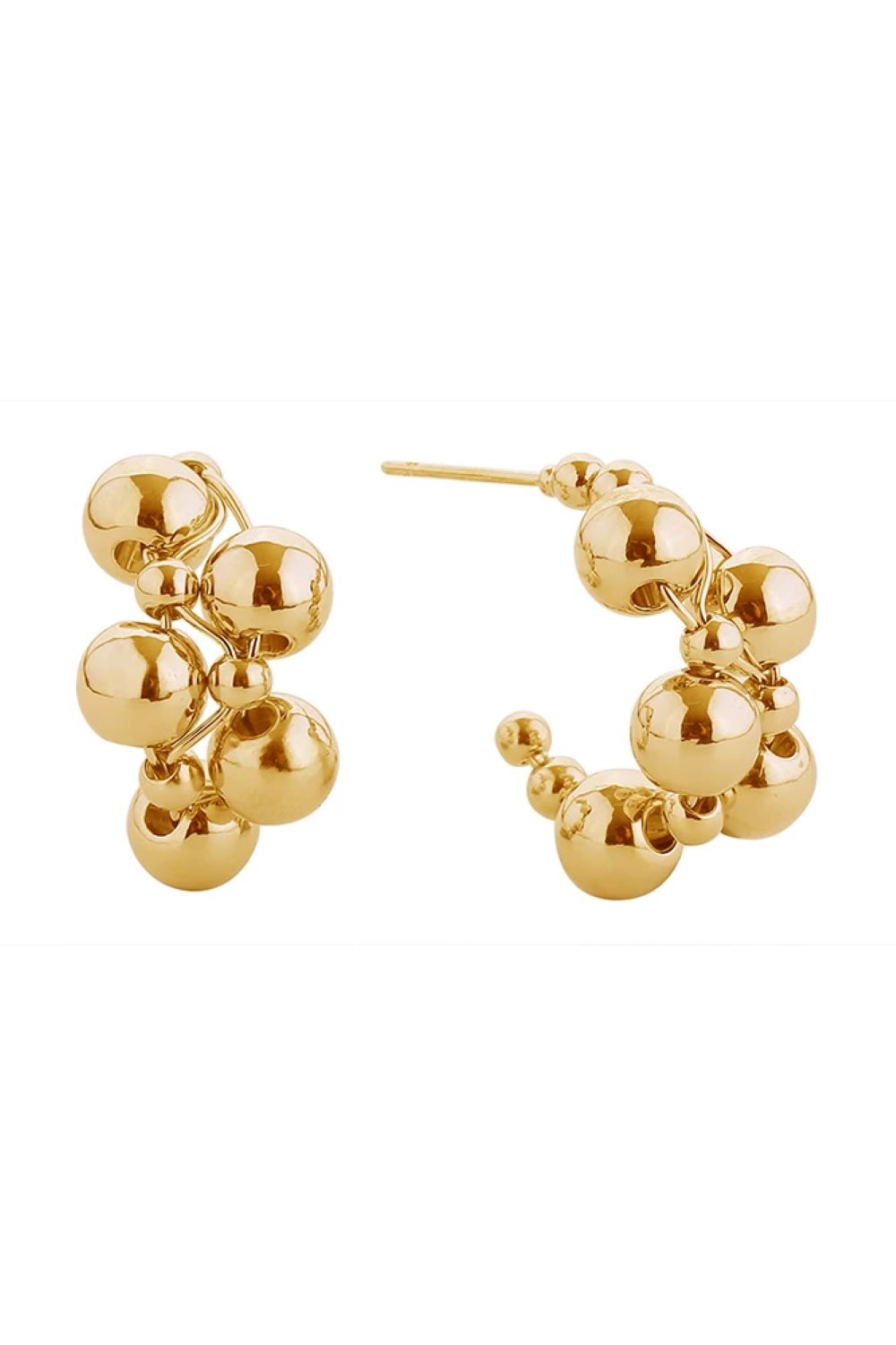 Gold Elegant 14K ball cluster post earrings featuring a stunning spherical design with a 2.2cm diameter. Crafted from hypoallergenic brass, these earrings are perfect for sensitive skin and everyday wear. Lead and nickel compliant for safety and peace of mind. The classic post style offers secure, comfortable wear for all-day elegance.