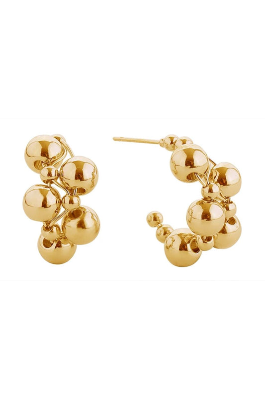 Gold Elegant 14K ball cluster post earrings featuring a stunning spherical design with a 2.2cm diameter. Crafted from hypoallergenic brass, these earrings are perfect for sensitive skin and everyday wear. Lead and nickel compliant for safety and peace of mind. The classic post style offers secure, comfortable wear for all-day elegance.