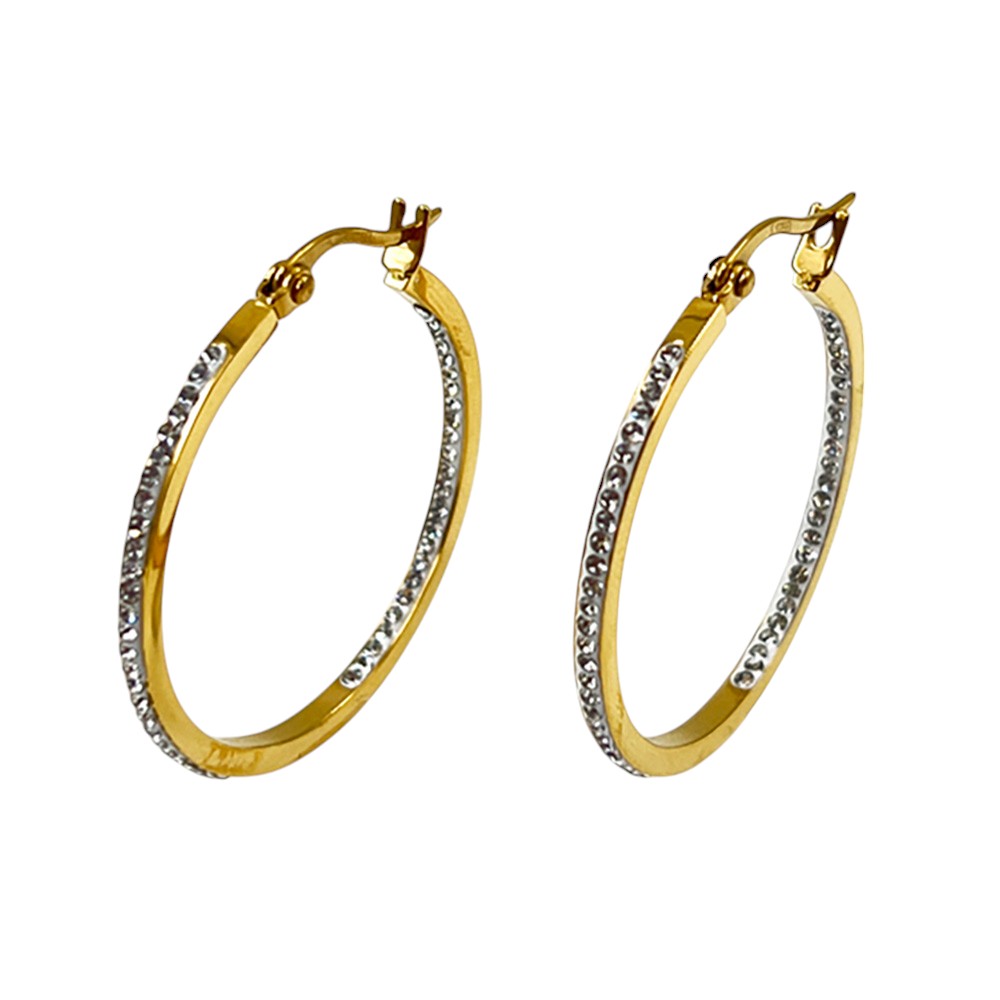 Gold 18K Gold Dipped Stainless Steel 1.7 Inch Inside Out Rhinestone Hoop Pin Catch Earrings feature a 1.7 inch Inside Out design with Rhinestone accents and a secure Pin Catch. Enjoy the classic elegance and durability of stainless steel, elevated with the luxury of gold. Perfect for any occasion, these earrings are a beautiful addition to any jewelry collection. 