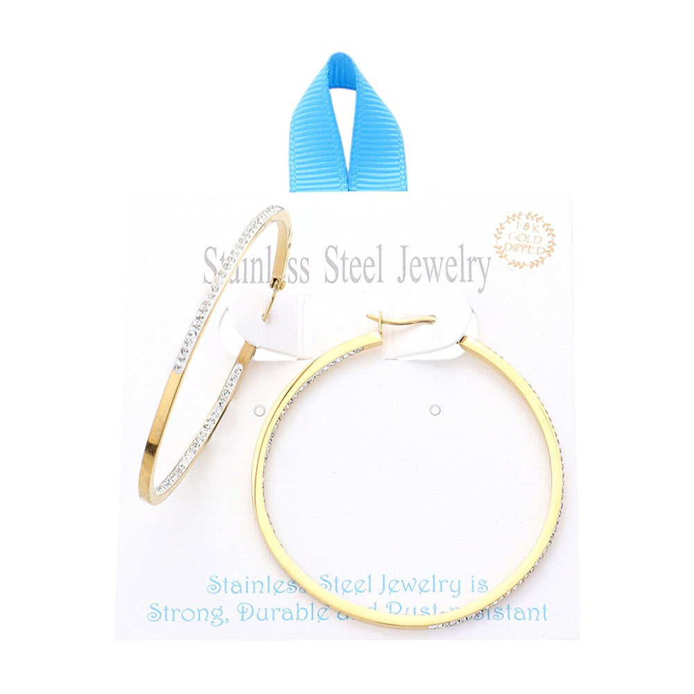 Gold 18K Gold Dipped Stainless Steel 2 Inch Inside Out Rhinestone Hoop Pin Catch Earrings feature a 2 inch diameter and Rhinestone accents. The Pin Catch design provides secure and comfortable wear. The durable Stainless Steel material with a Gold finish adds a touch of elegance to any outfit. 