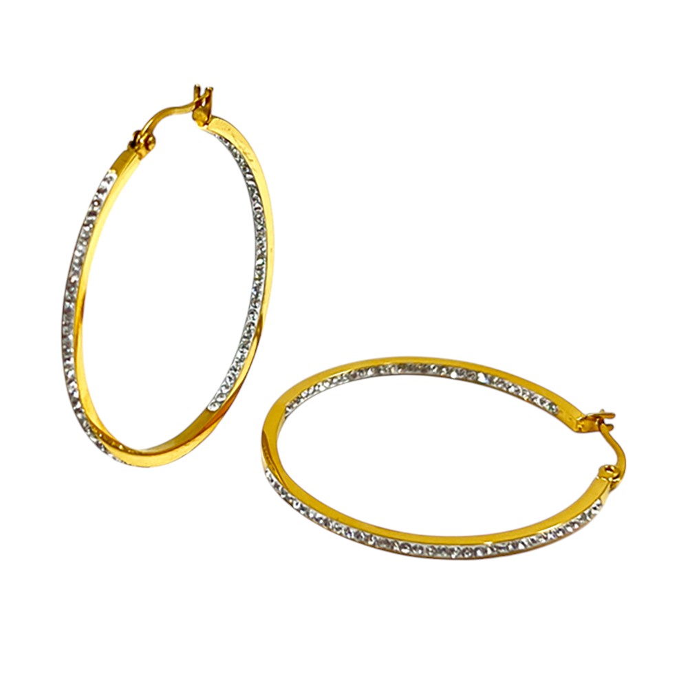 Gold 18K Gold Dipped Stainless Steel 2 Inch Inside Out Rhinestone Hoop Pin Catch Earrings feature a 2 inch diameter and Rhinestone accents. The Pin Catch design provides secure and comfortable wear. The durable Stainless Steel material with a Gold finish adds a touch of elegance to any outfit. 