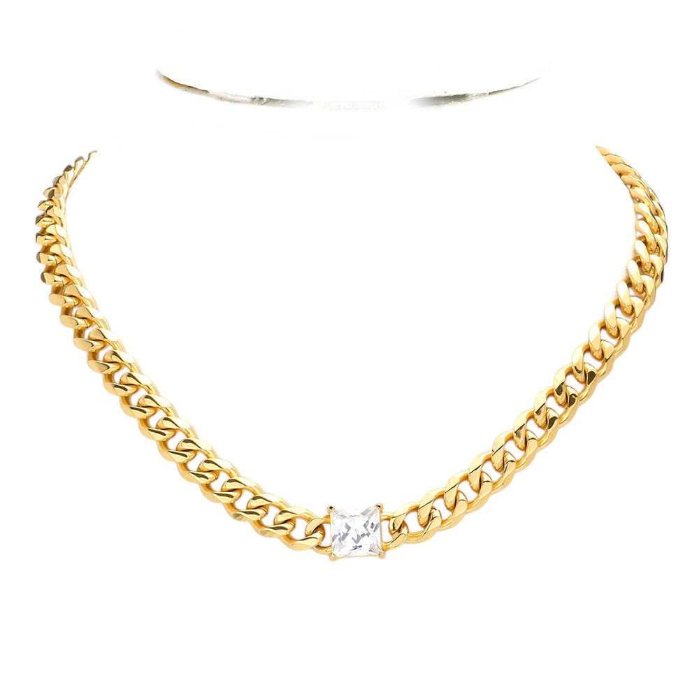 Gold 18K Gold Dipped Stainless Steel CZ Square Stone Accented Necklace features high-quality stainless steel dipped in 18K gold, adorned with a beautifully sparkling CZ square stone. Crafted with precision and durability, this elegant necklace is perfect for any occasion. Enjoy the luxurious shine of gold and the lasting strength of stainless steel, making it a timeless addition to your collection. 